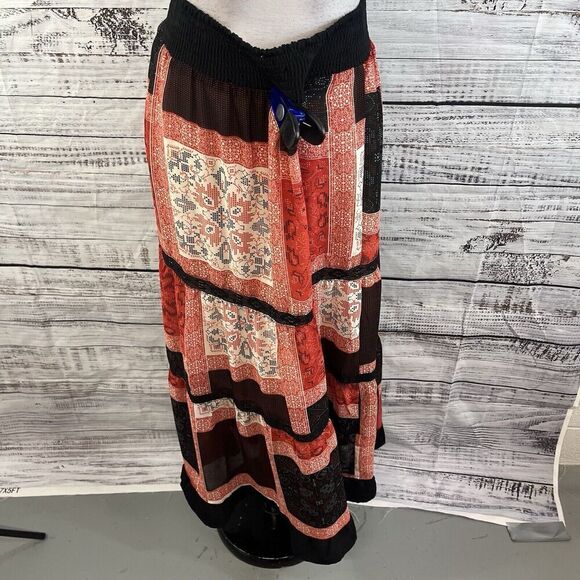Langer Skirt sz Medium Dark Red Black Tiered Boho Lace Long Maxi Peasant Modest - Picture 13 of 14